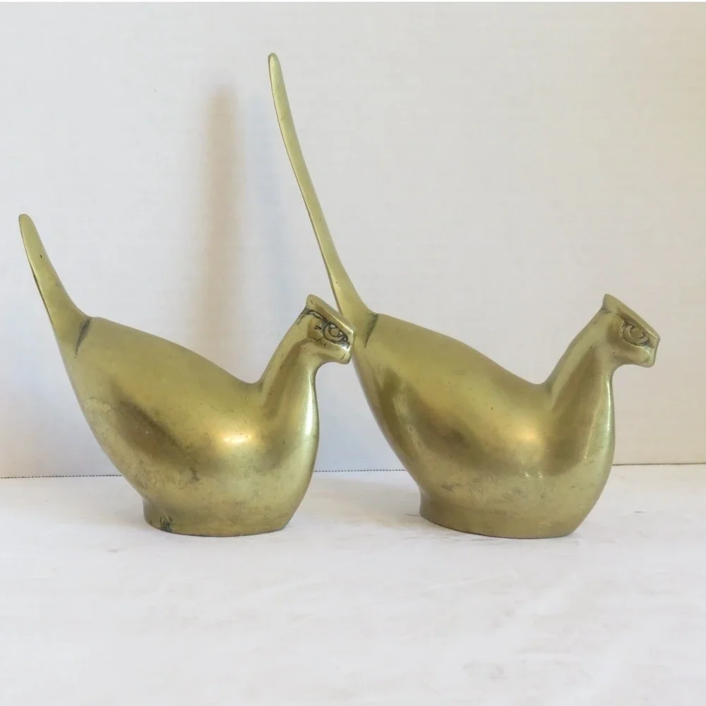 Vintage MCM Pair of Brass Birds Long Tail Pheasant‎ Figurine Set